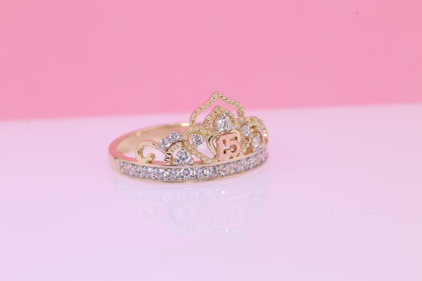 14K Gold 15 Anos Quinceanera Crown Ring V