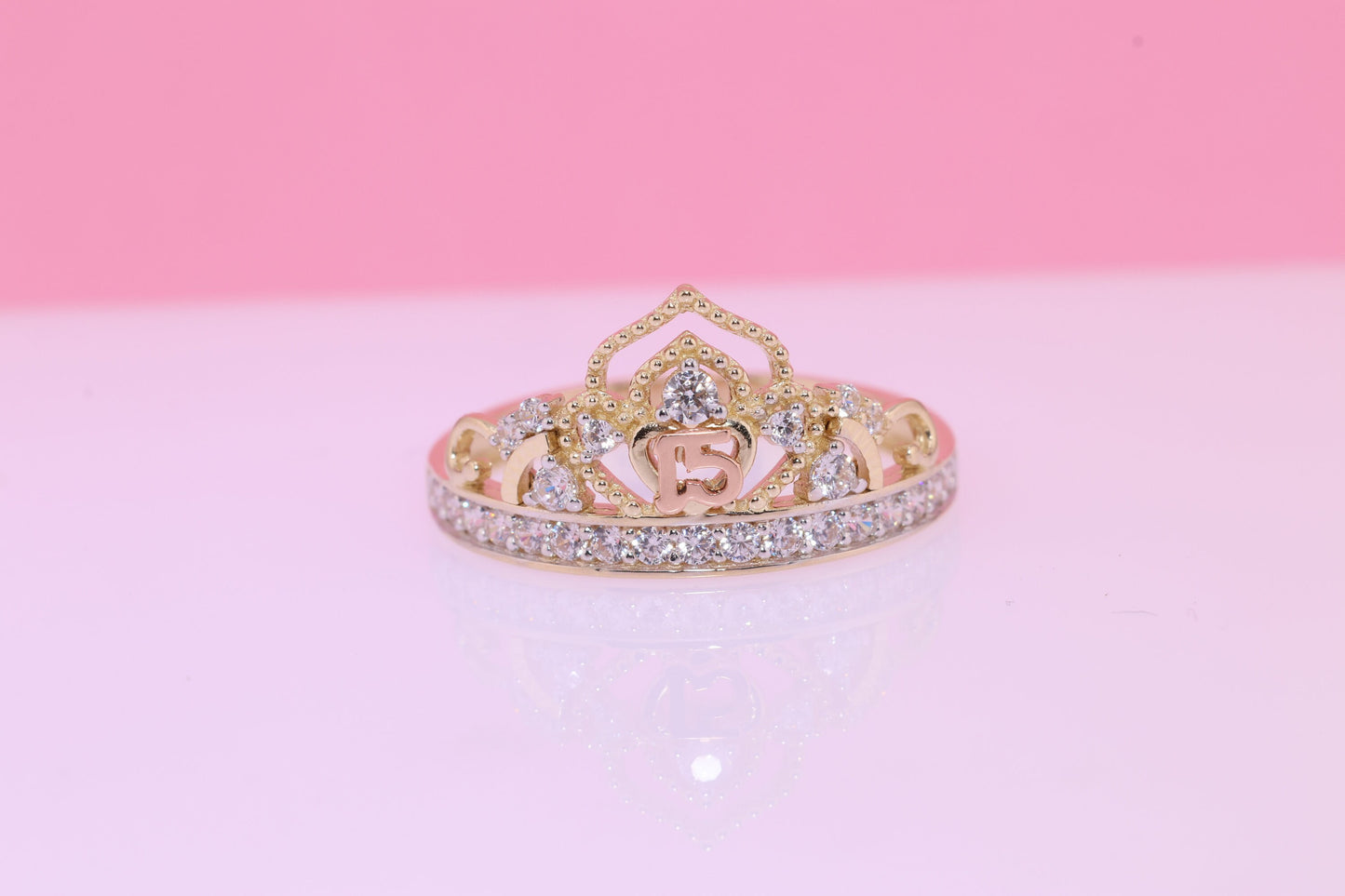 14K Gold 15 Anos Quinceanera Crown Ring V