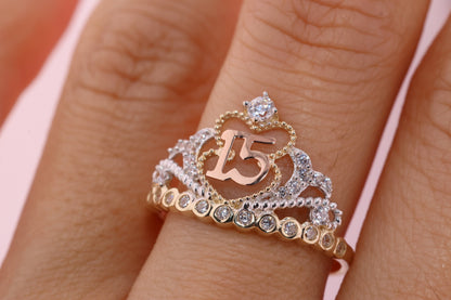 14K Gold 15 Anos Quinceanera Crown Ring X