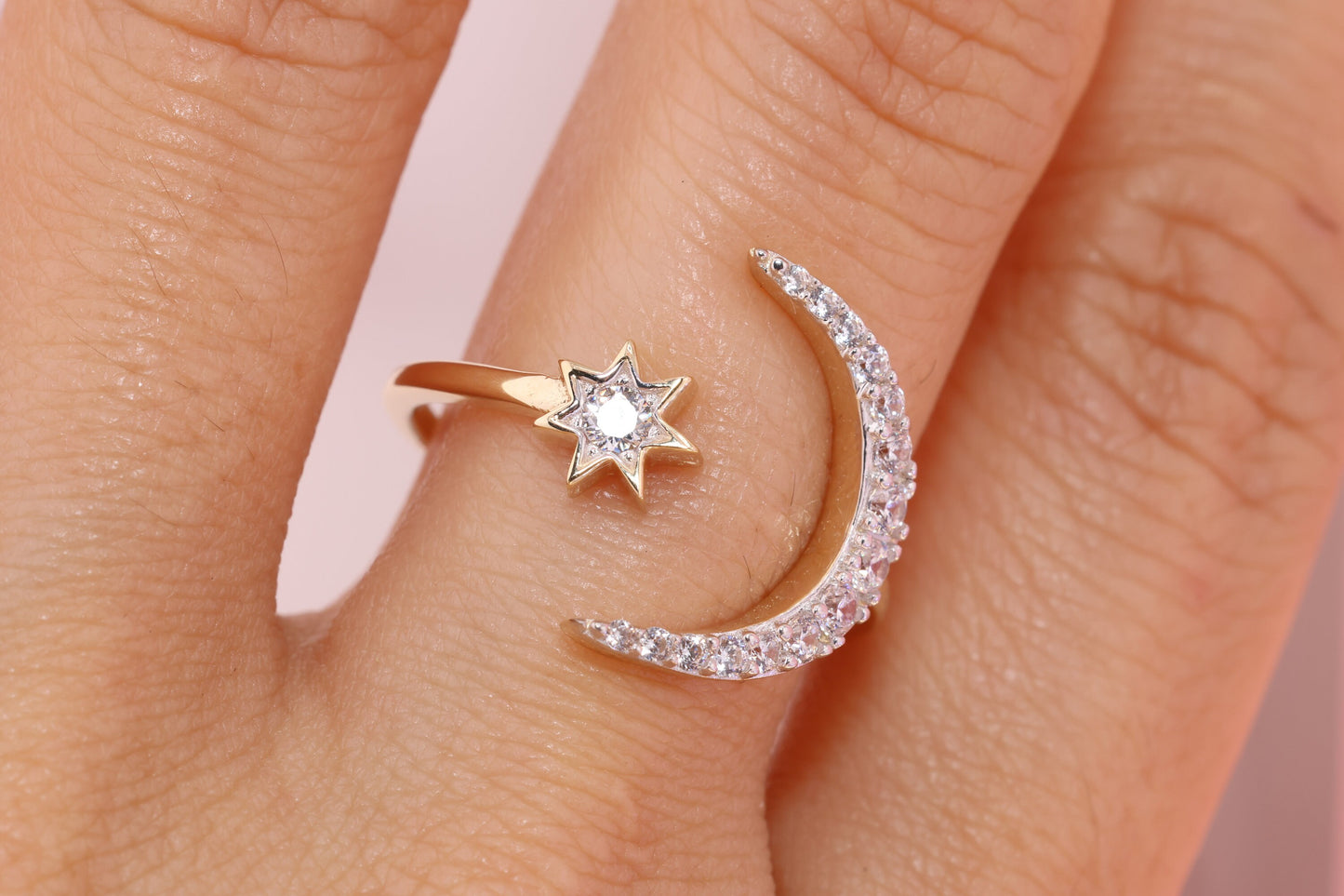 14K Yellow Gold Crescent Star CZ Ring C