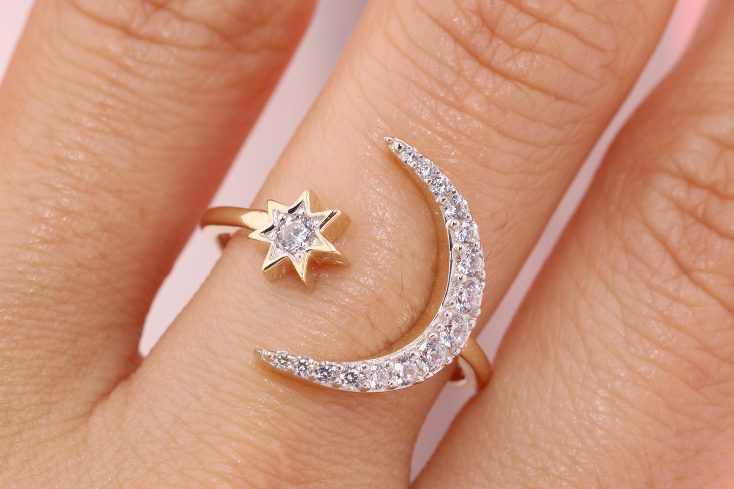 14K Yellow Gold Crescent Star CZ Ring C