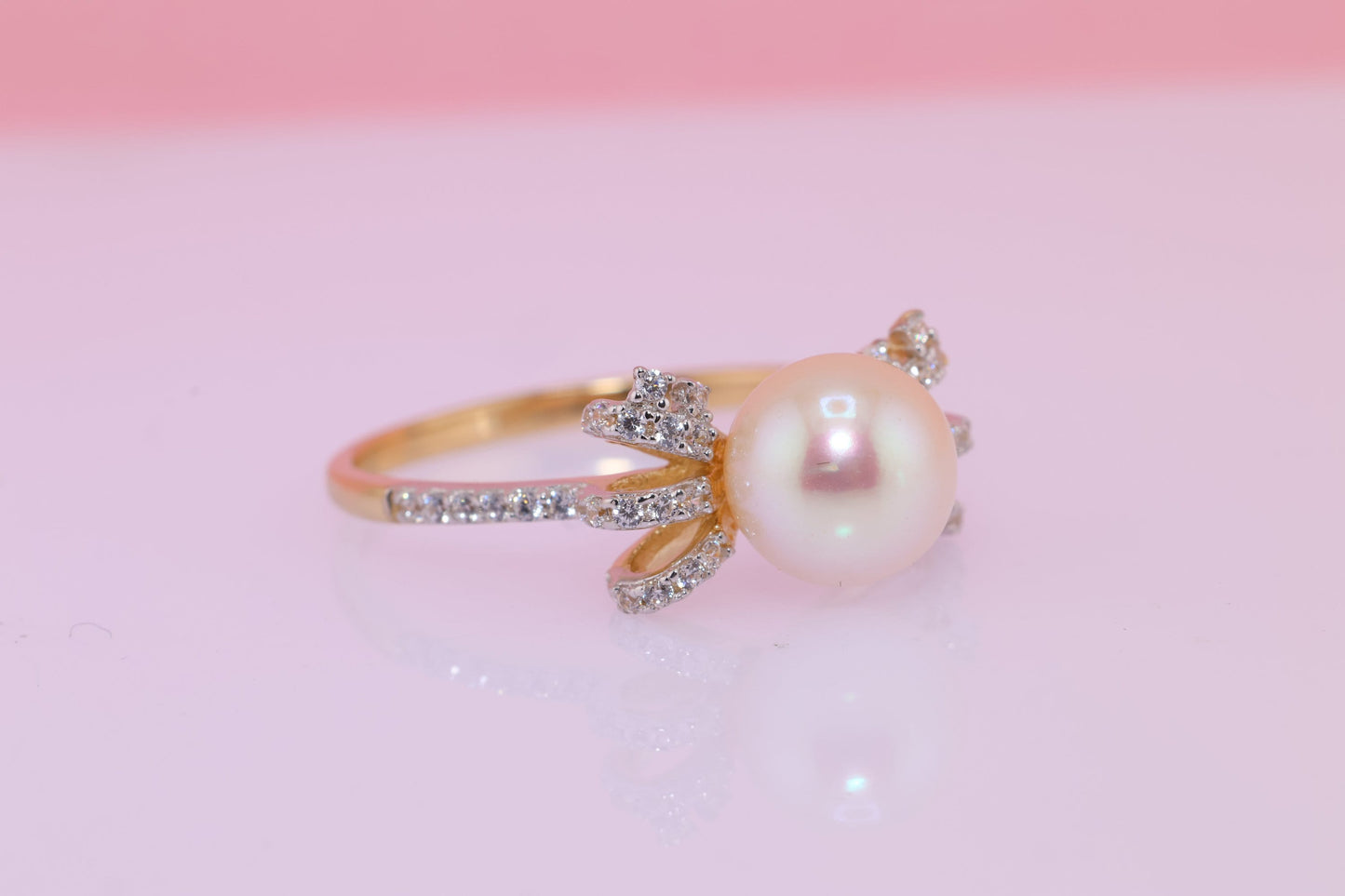 14K Gold Pearl Ribbon CZ Ring