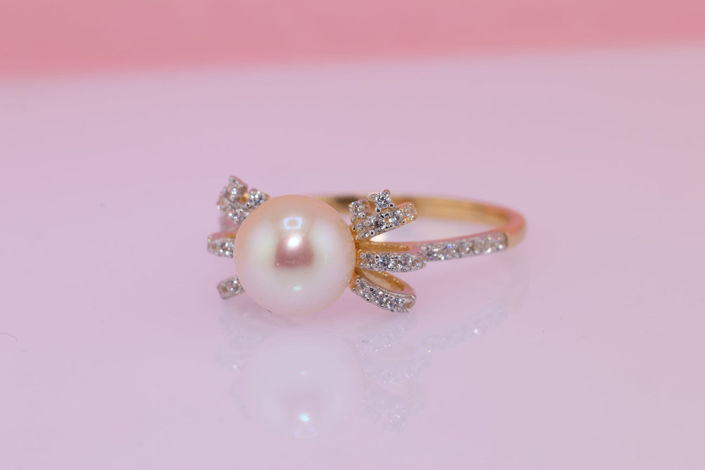 14K Gold Pearl Ribbon CZ Ring