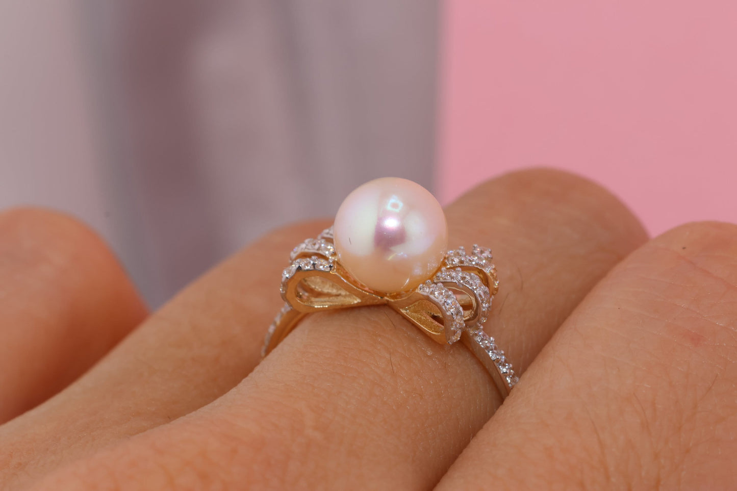 14K Gold Pearl Ribbon CZ Ring