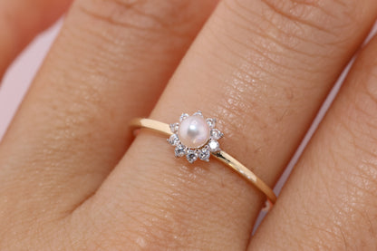 14K Gold Pearl CZ Ring