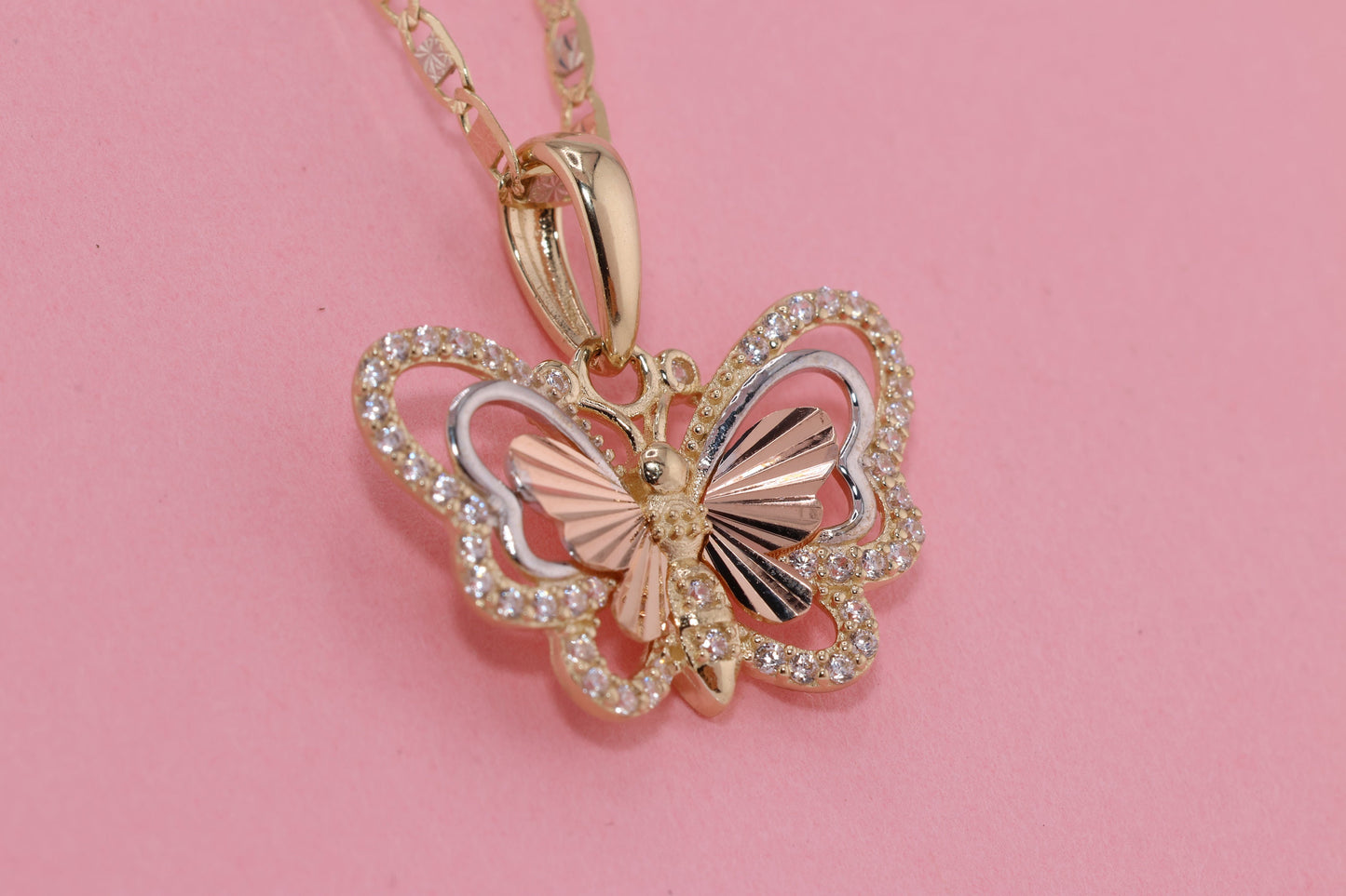 14k Tri Color Cubic Zirconia  Butterfly Pendant D