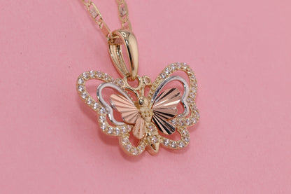 14k Tri Color Cubic Zirconia  Butterfly Pendant D