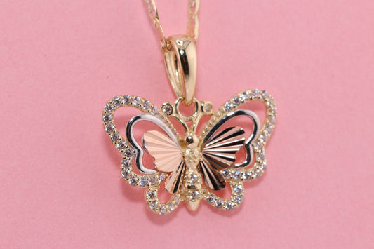 14k Tri Color Cubic Zirconia  Butterfly Pendant D