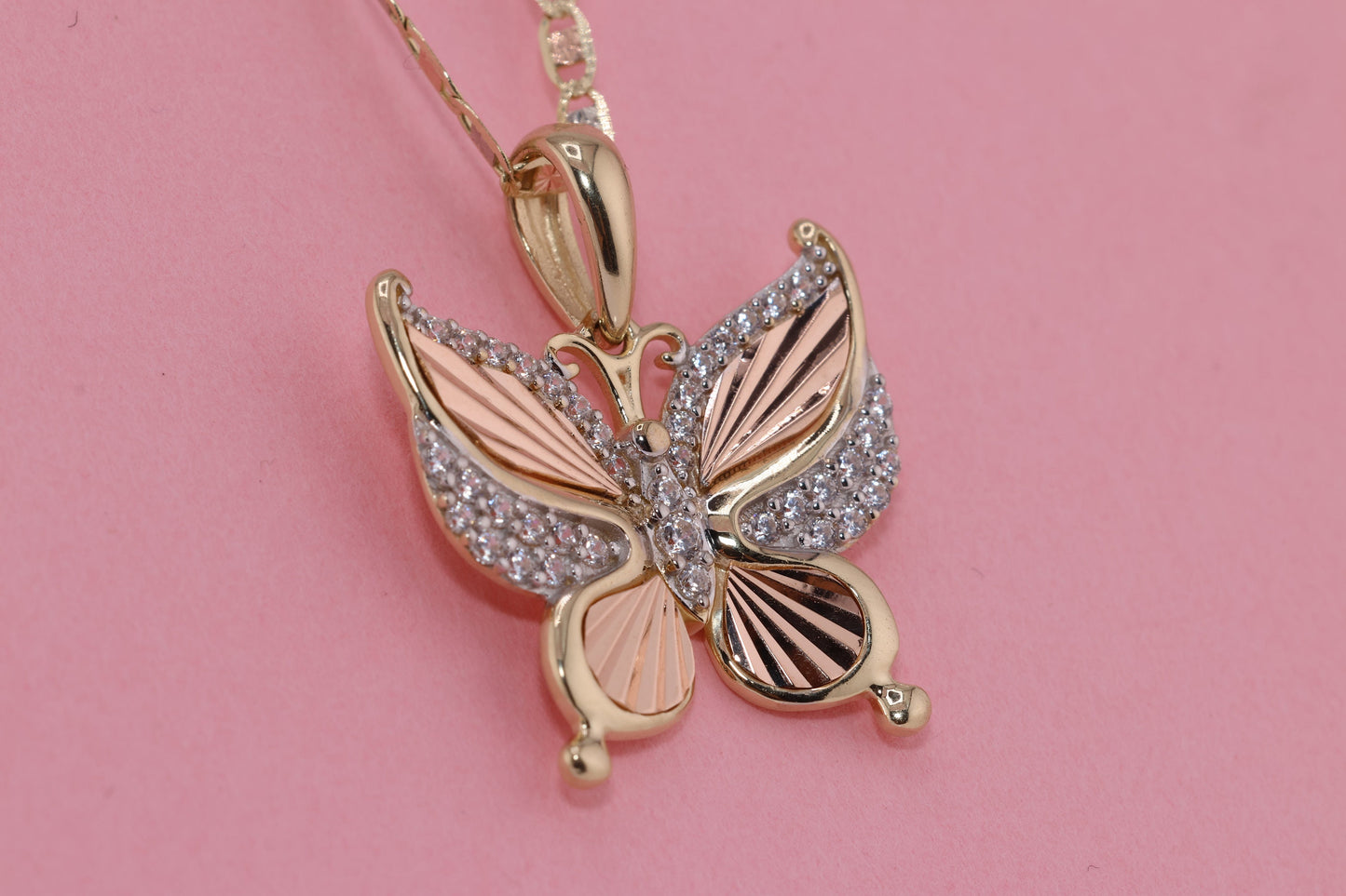 14k Tri Color Cubic Zirconia  Butterfly Pendant C