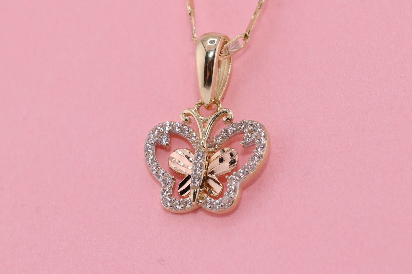 14k Tri Color Cubic Zirconia  Butterfly Pendant B