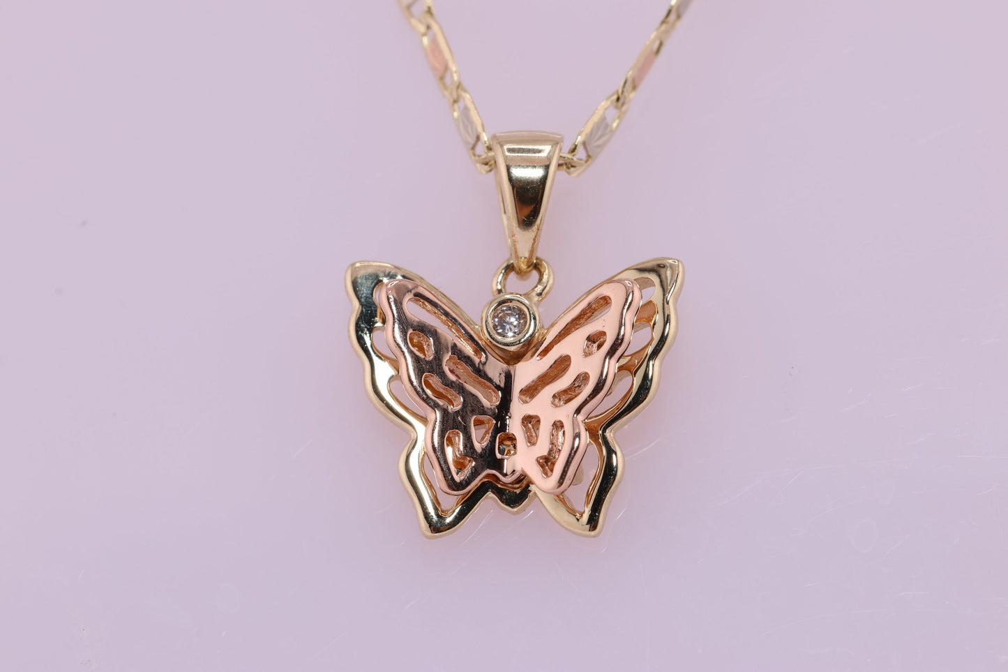 14k Tri Color Cubic Zirconia  Butterfly Pendant A