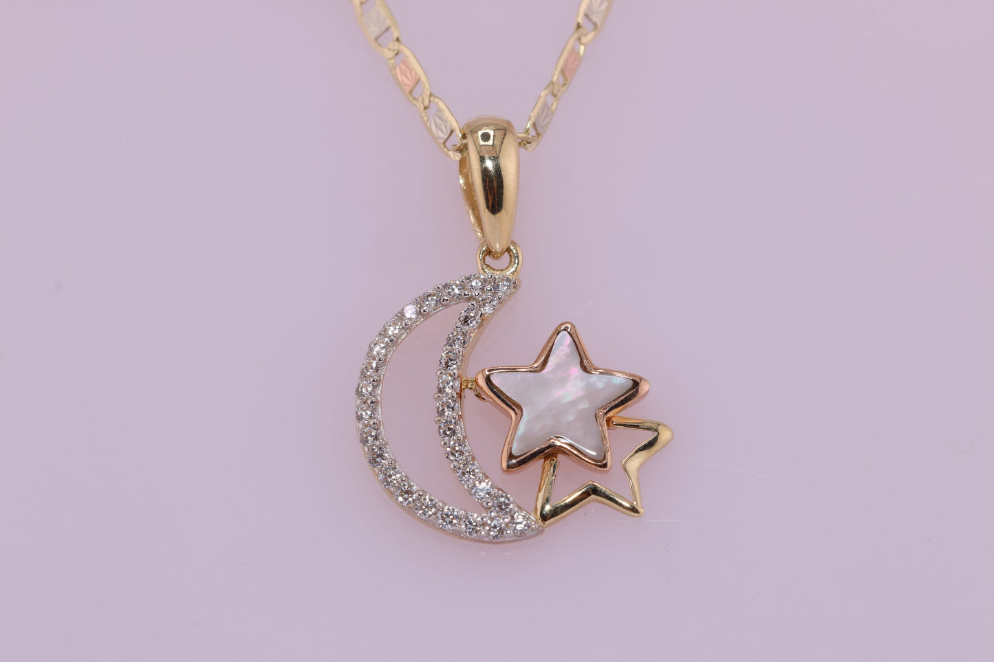 14K Yellow Gold Crescent Star CZ Pendant B