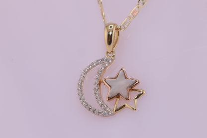 14K Yellow Gold Crescent Star CZ Pendant B