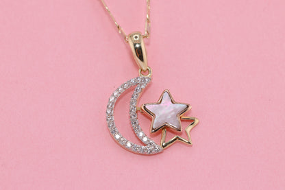 14K Yellow Gold Crescent Star CZ Pendant B