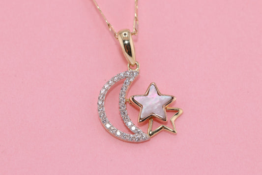 14K Yellow Gold Crescent Star CZ Pendant B