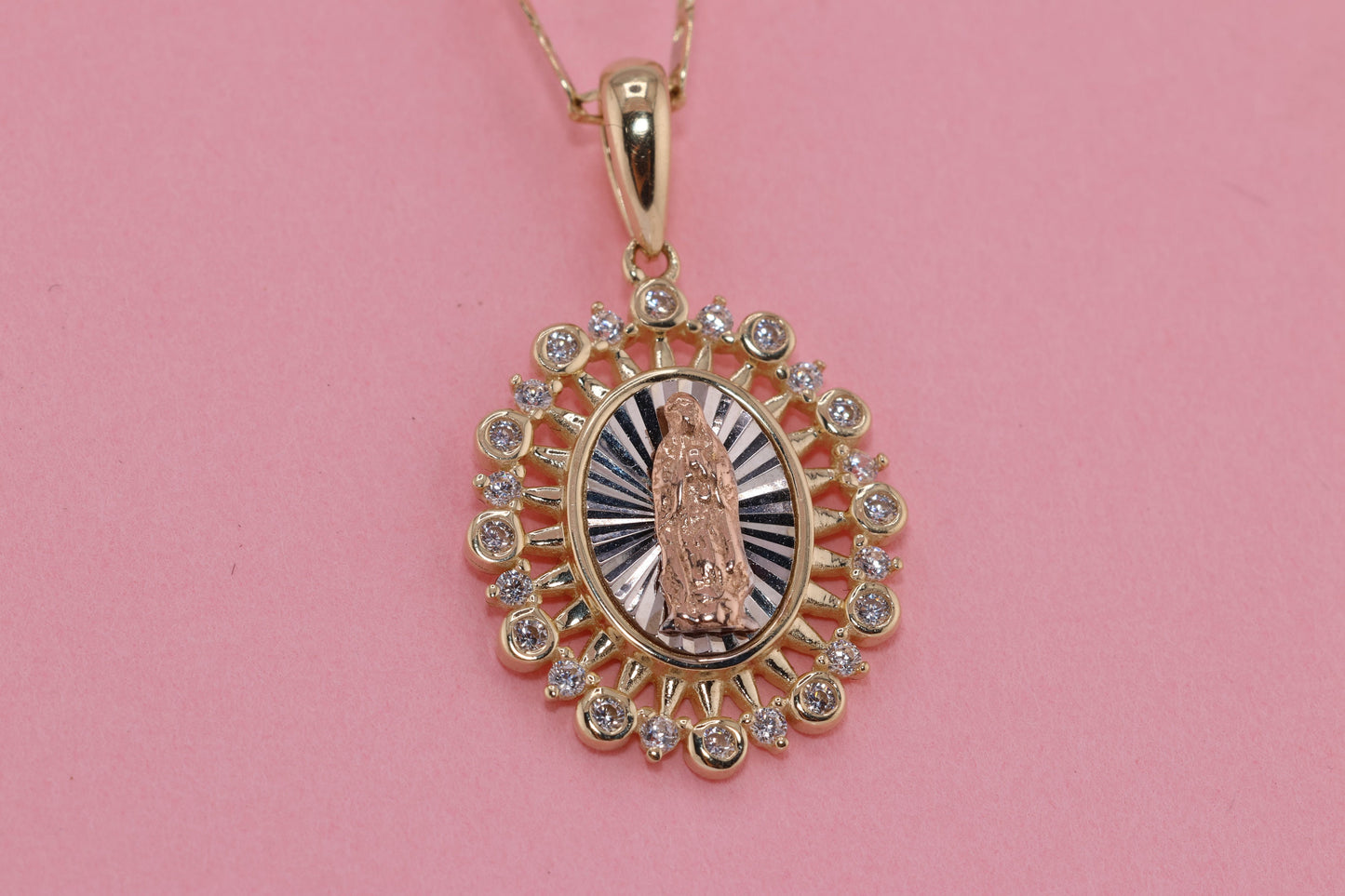 14k Solid Gold Virgin Mary Virgin Maria Lady Guadalupe Heart Pendant E