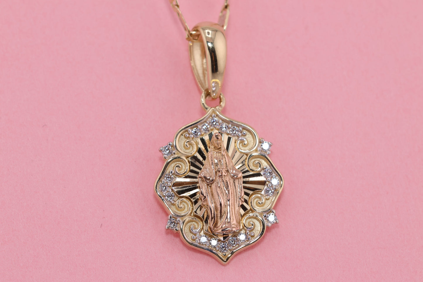 14k Solid Gold Virgin Mary Virgin Maria Lady Guadalupe Heart Pendant B