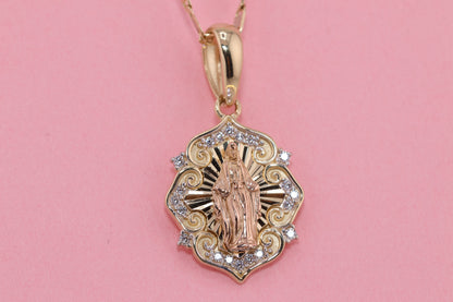 14k Solid Gold Virgin Mary Virgin Maria Lady Guadalupe Heart Pendant B