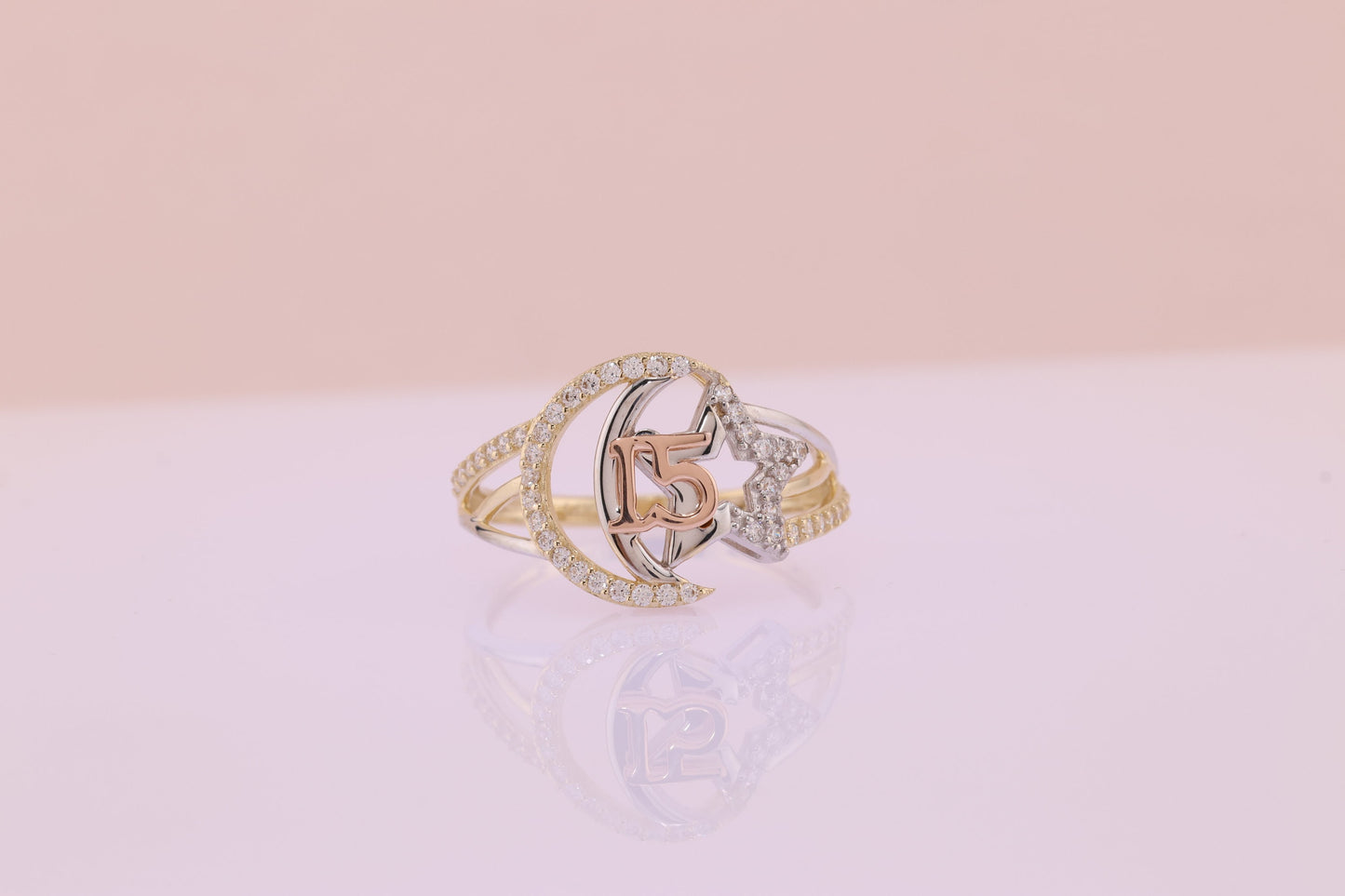 14K Gold 15 Anos Quinceanera Star and Moon Ring A