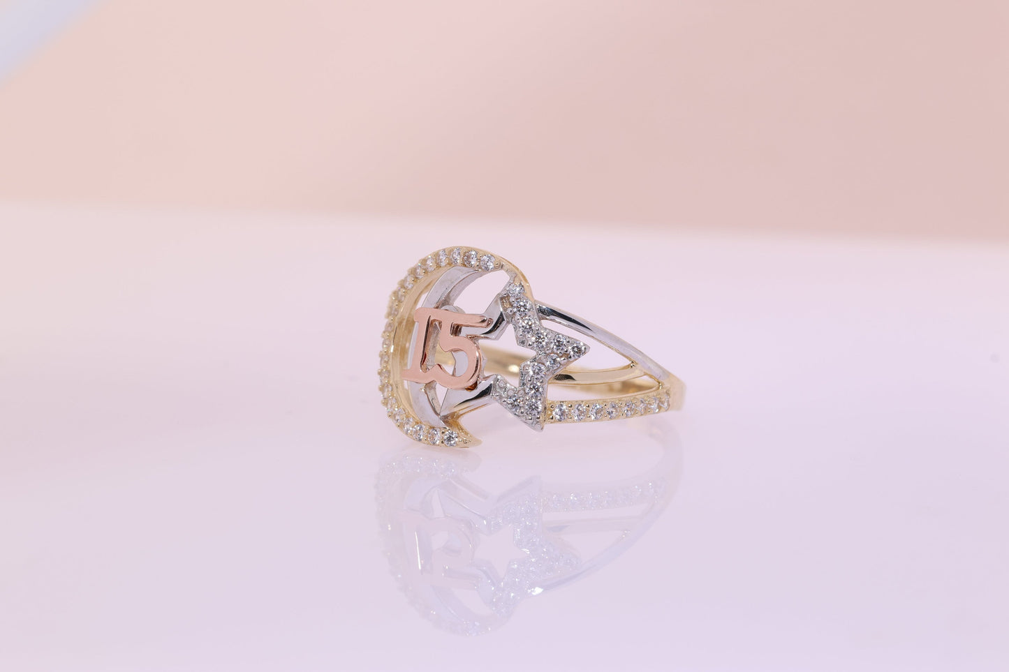 14K Gold 15 Anos Quinceanera Star and Moon Ring A