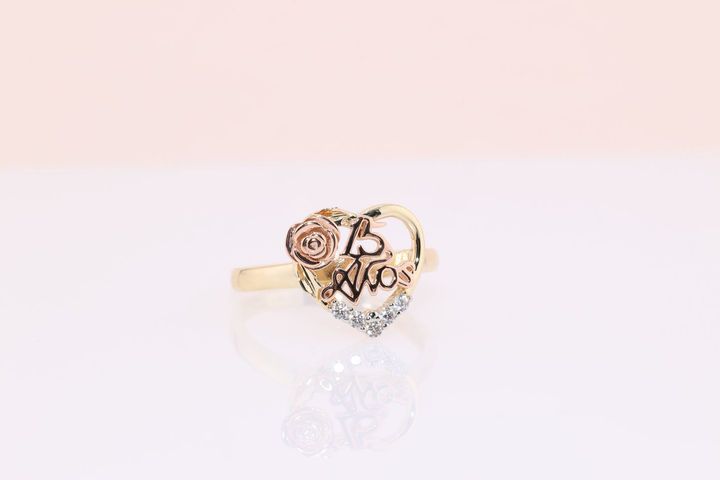 14K Gold 15 Anos Quinceanera Heart Rose Ring A