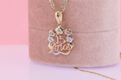 14K Gold 15 Anos Quinceanera Pendant E