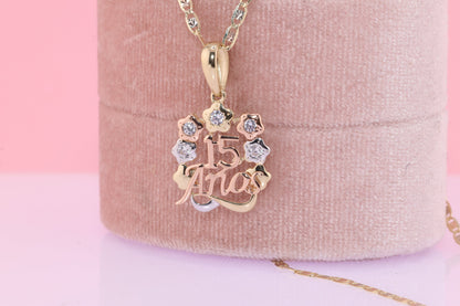 14K Gold 15 Anos Quinceanera Pendant E