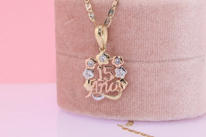 14K Gold 15 Anos Quinceanera Pendant E