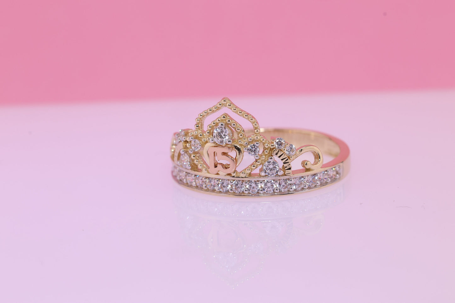 14K Gold 15 Anos Quinceanera Crown Ring V