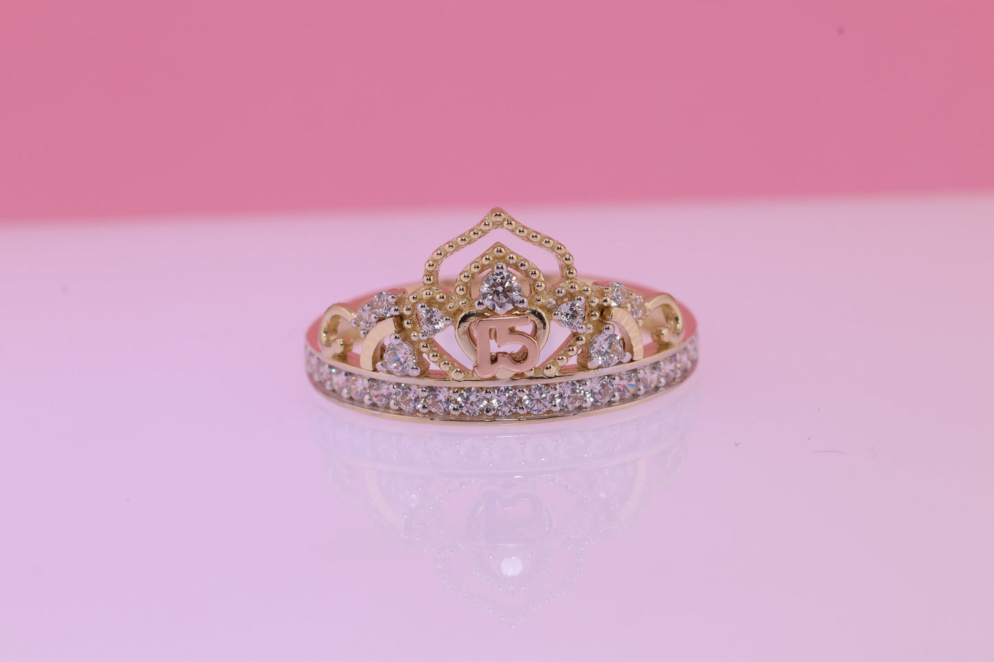 14K Gold 15 Anos Quinceanera Crown Ring V