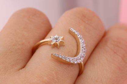 14K Yellow Gold Crescent Star CZ Ring C