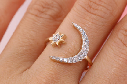 14K Yellow Gold Crescent Star CZ Ring C