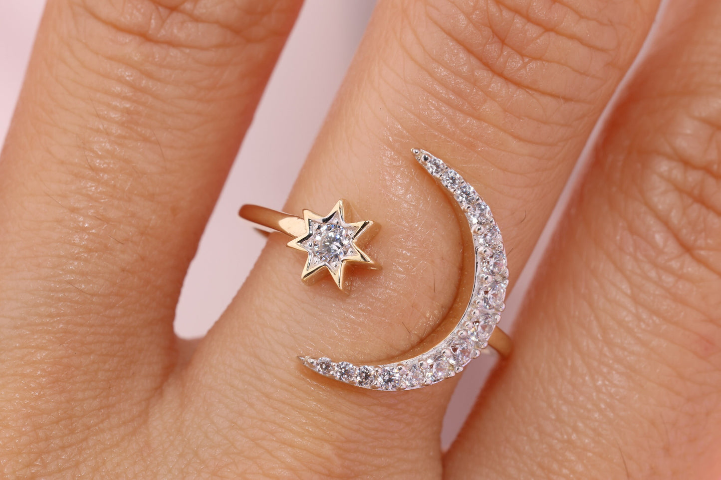 14K Yellow Gold Crescent Star CZ Ring C