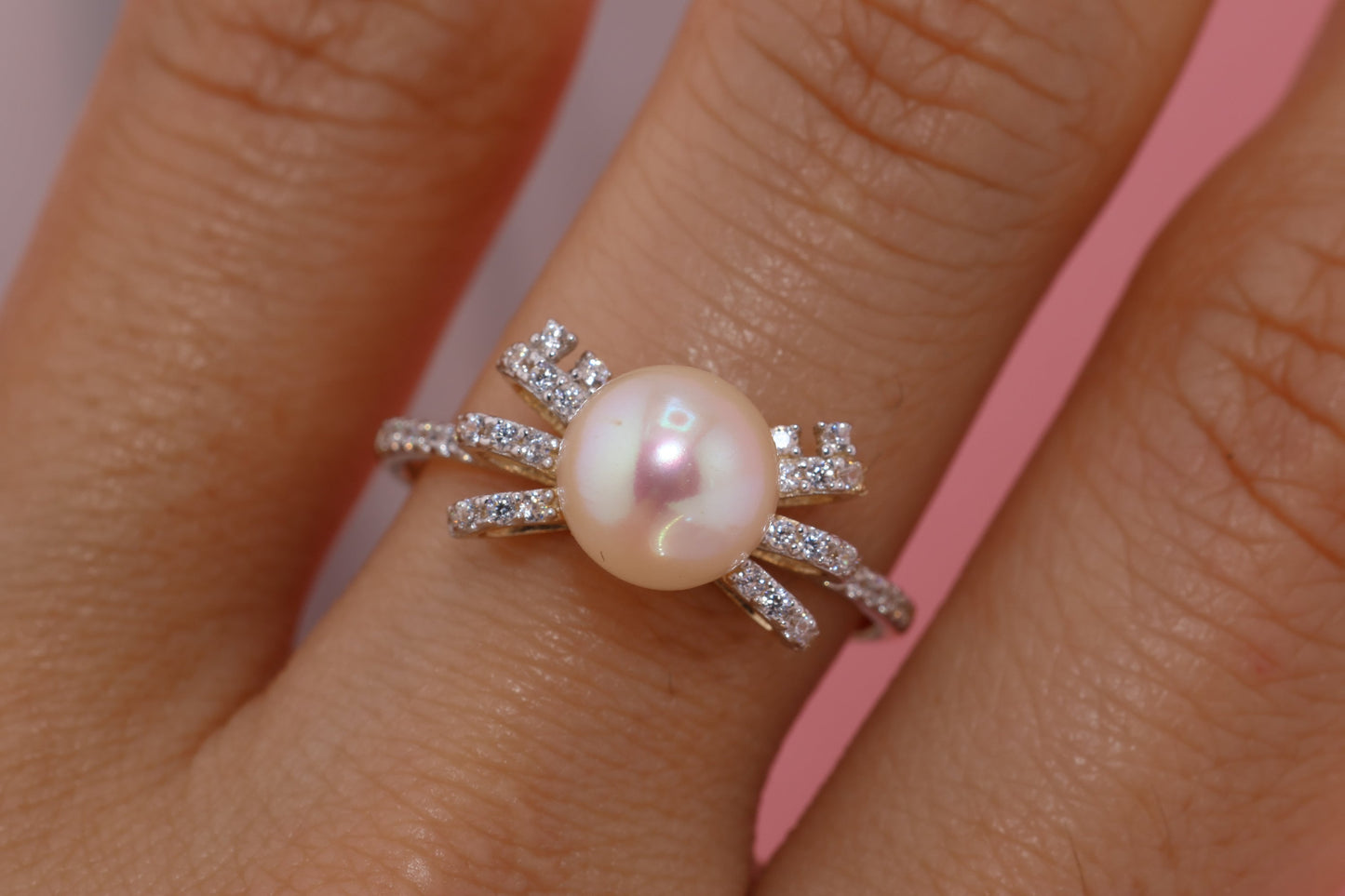 14K Gold Pearl Ribbon CZ Ring