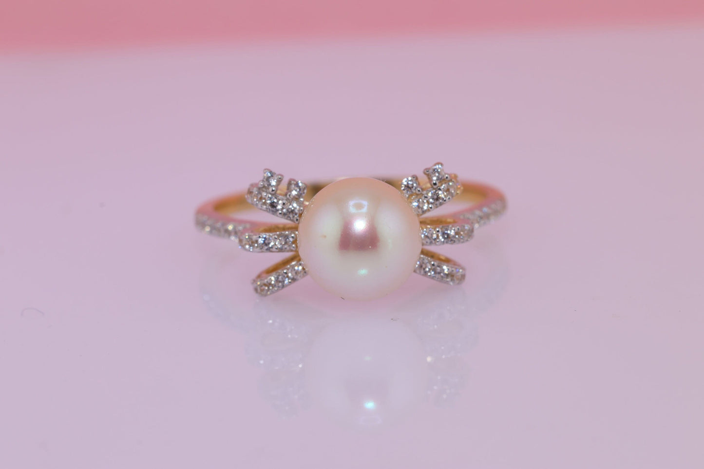 14K Gold Pearl Ribbon CZ Ring