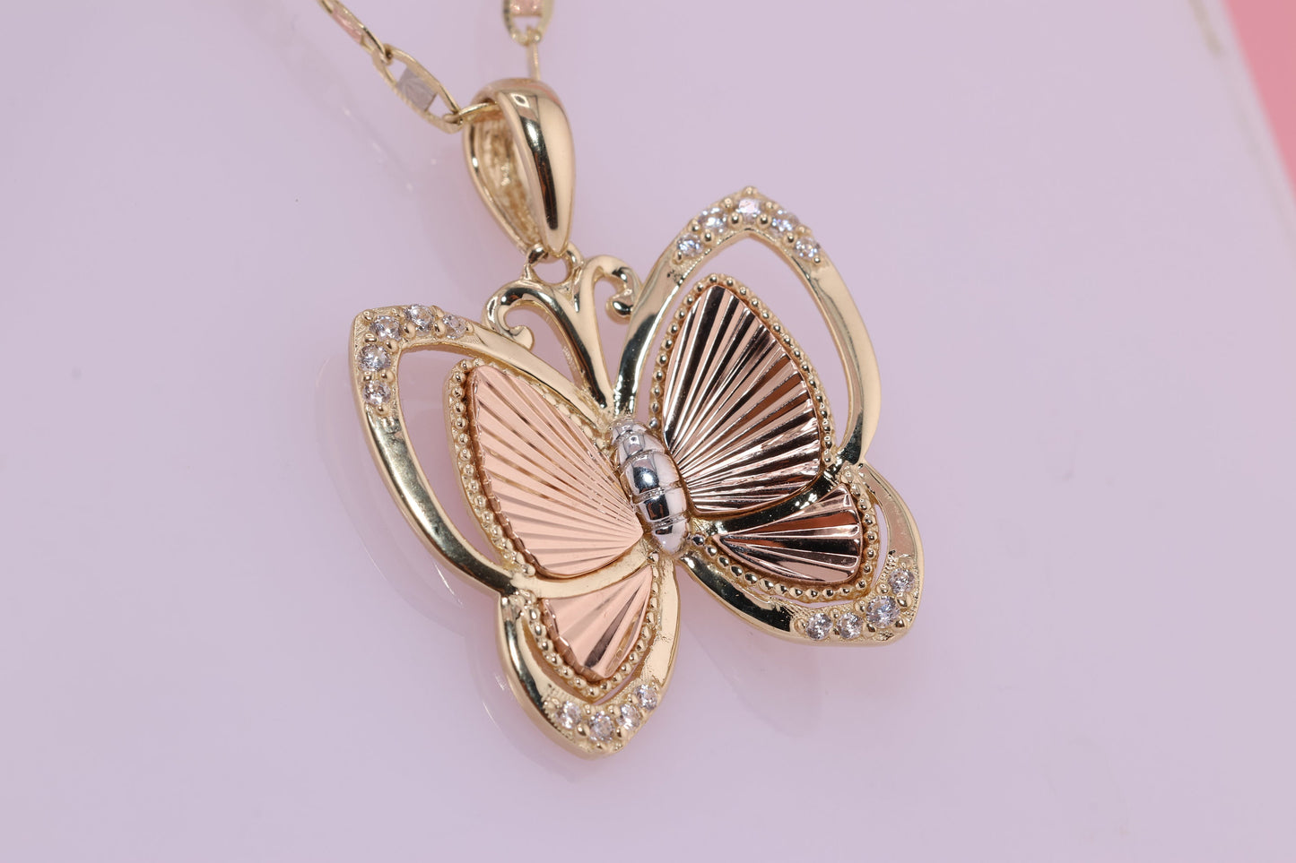 14k Tri Color Cubic Zirconia  Butterfly Pendant E