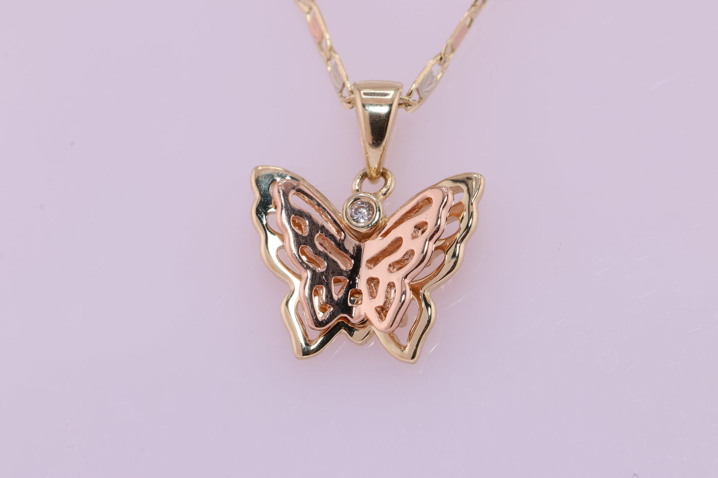 14k Tri Color Cubic Zirconia  Butterfly Pendant A