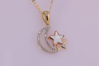 14K Yellow Gold Crescent Star CZ Pendant B