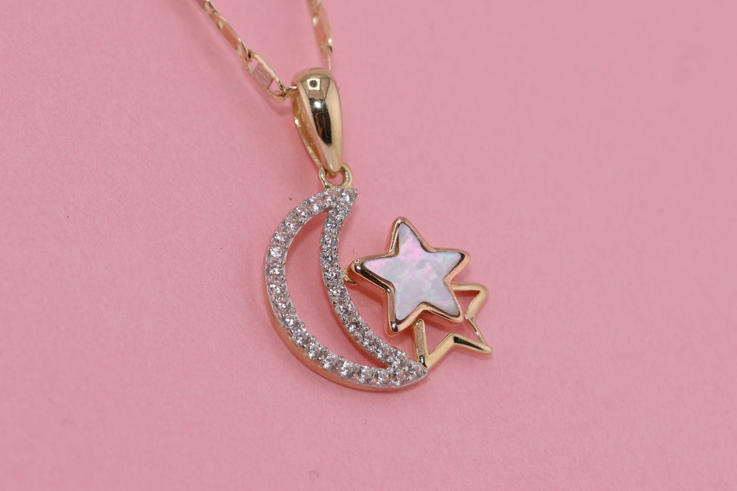 14K Yellow Gold Crescent Star CZ Pendant B