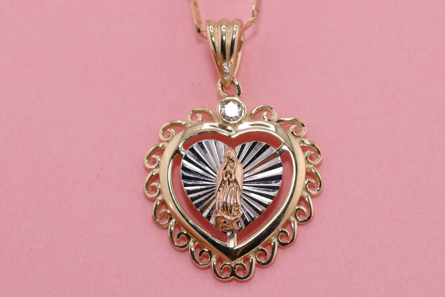 14k Solid Gold Virgin Mary Virgin Maria Lady Guadalupe Heart Pendant G