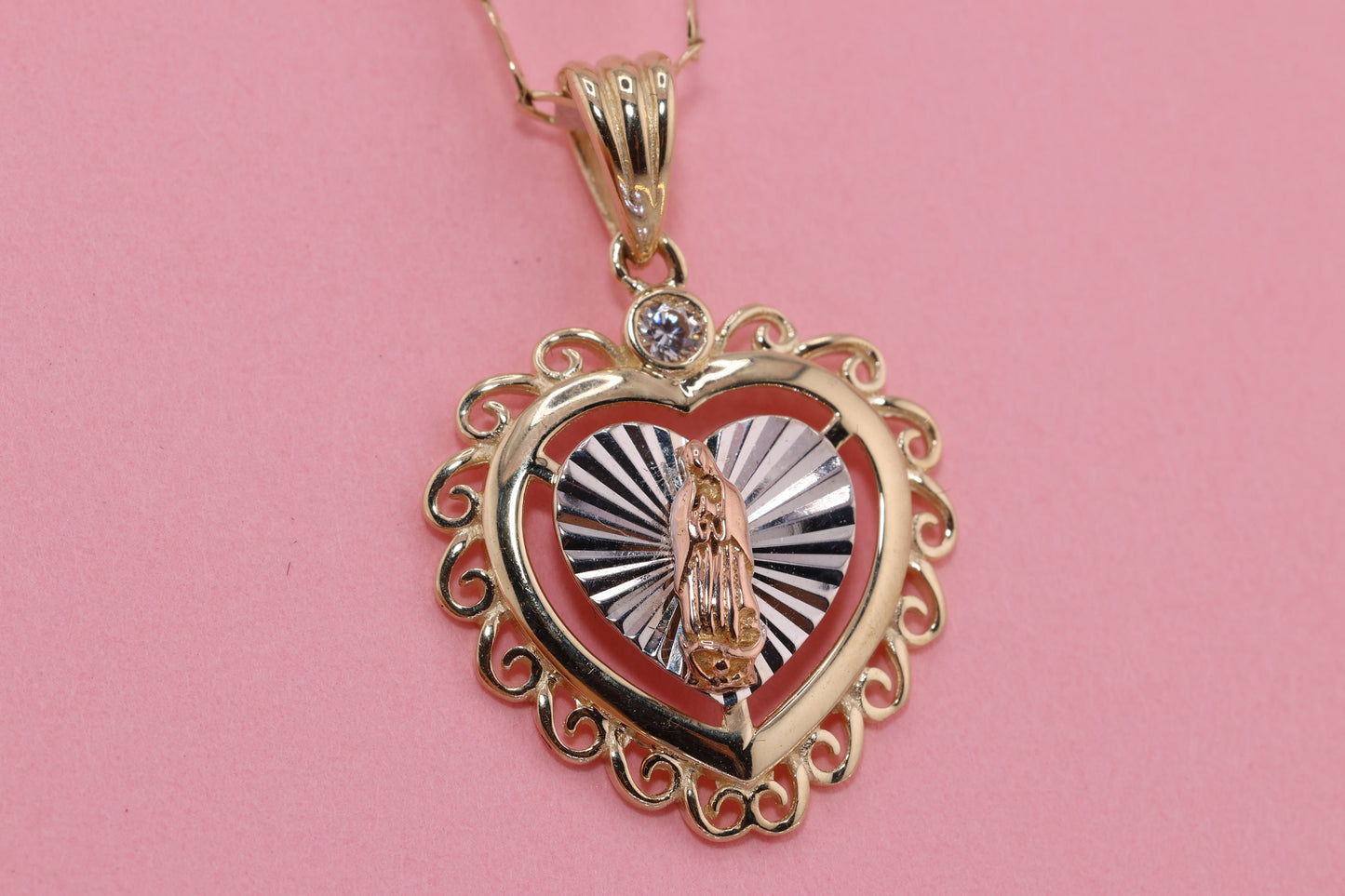 14k Solid Gold Virgin Mary Virgin Maria Lady Guadalupe Heart Pendant G