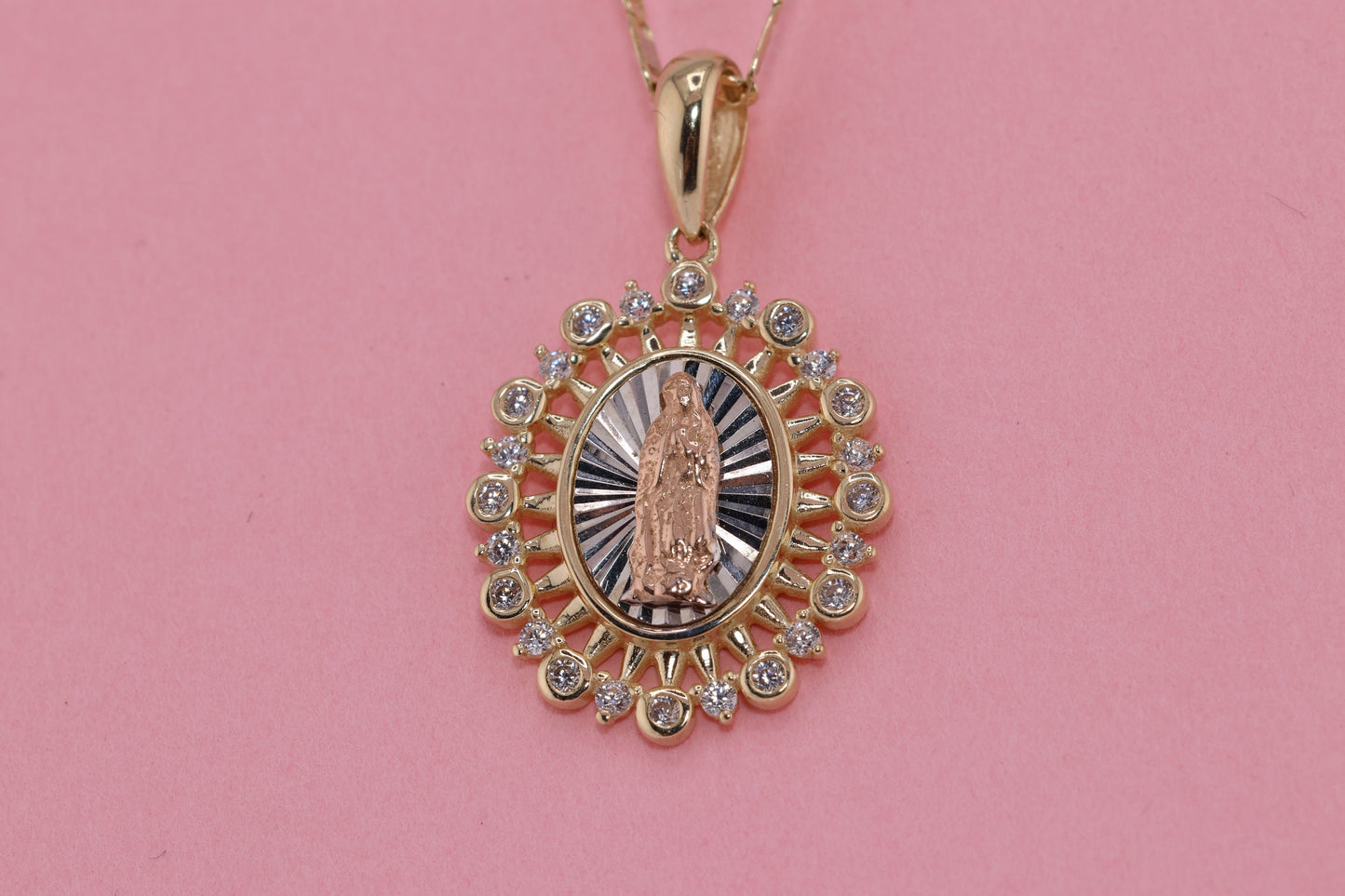 14k Solid Gold Virgin Mary Virgin Maria Lady Guadalupe Heart Pendant E