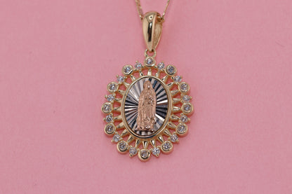 14k Solid Gold Virgin Mary Virgin Maria Lady Guadalupe Heart Pendant E