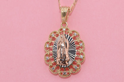 14k Solid Gold Virgin Mary Virgin Maria Lady Guadalupe Heart Pendant D