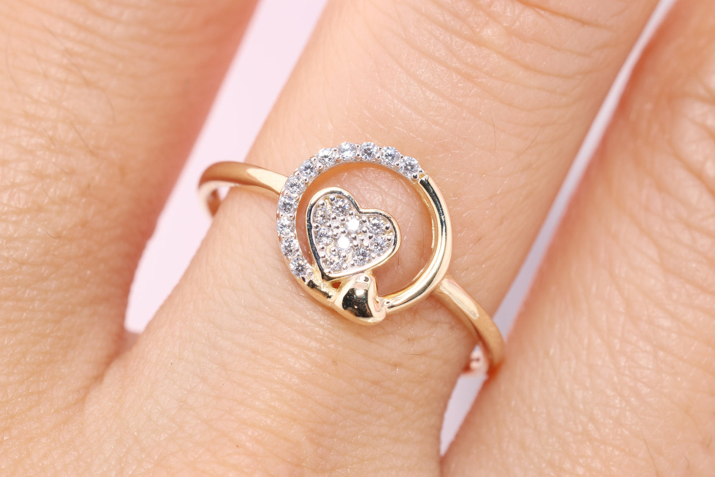 14K Solid Gold Heart CZ Ring D