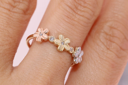 14k Solid Yellow Gold Hawaiian Fancy Plumeria Flower Ring