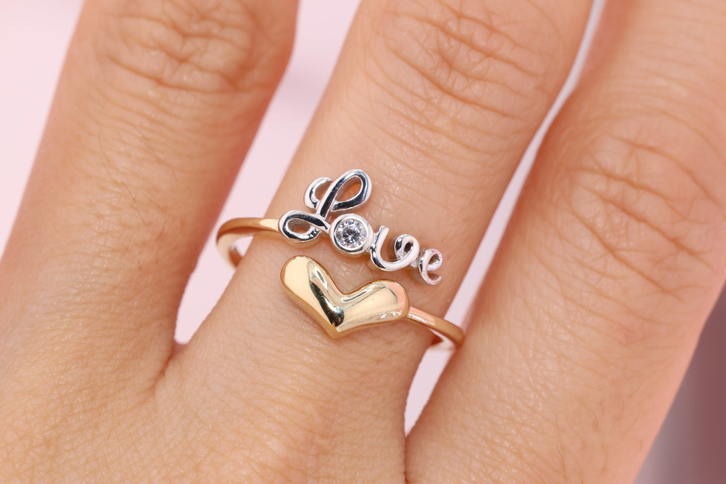 14K Solid Gold LOVE CZ Heart Ring