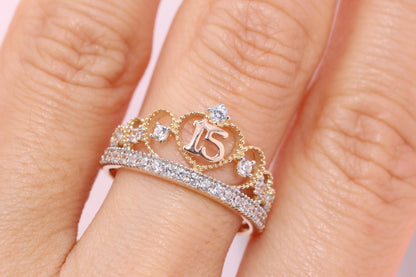 14K Gold 15 Anos Quinceanera Crown Ring SS