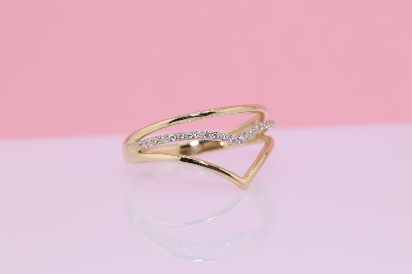 14K Gold Triple CZ Chevron Ring