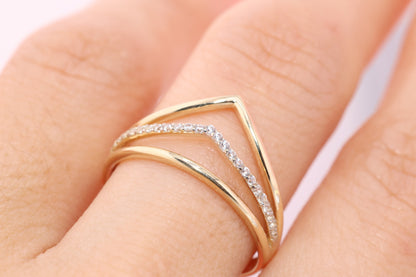 14K Gold Triple CZ Chevron Ring